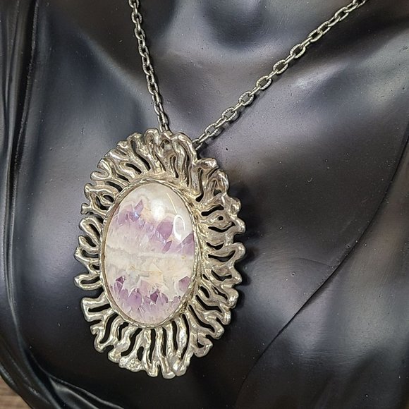 Vintage Sunburst Lavender Purple Cabochon Stone Pendant Necklace 28" Silvertone - Picture 2 of 7